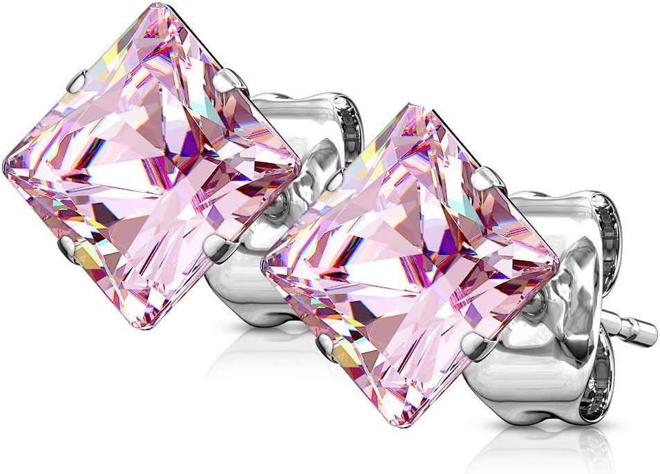 Amelia Fashion 22GA Pair Princess Cut 4mm Square CZ Earring Studs 316L Surgical Stainelss Steel (Choose Color)