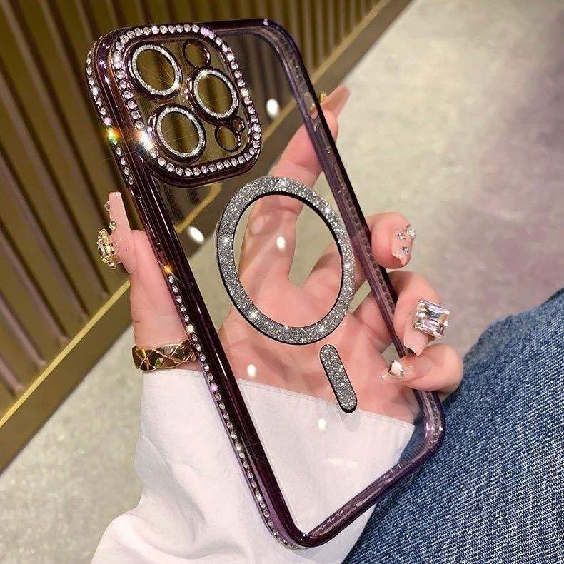 Image of Elzzi Compatible with (iPhone 14 Pro Max Case) Clear Luxury Diamond Glitter Case |Camera Lens Protector with Glitter Ring | Premium Shockproof Glossy Shiny Back Cover Case for Girls Women -DEEP-P