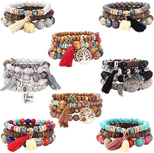 Subiceto 8 Set Bohemian Wood Beads Bracelet Set for Women Multilayer Tassel Stackable Beaded Charm Stretch Statement Bracelet Set