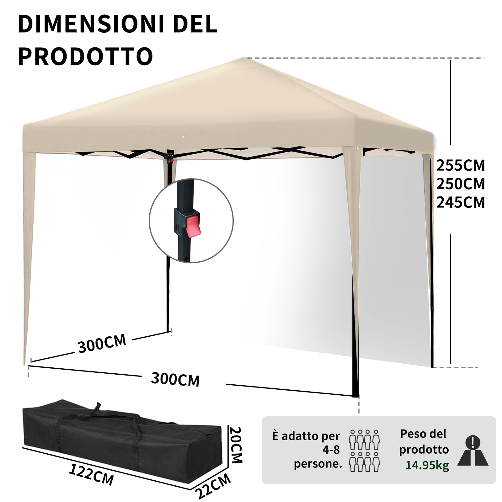 ISE Pavillon 3x3 mit 4 Seitenwänden, Faltpavillon 3x3 Stabil inkl.Tragtasche, Pavillion Stabil Winterfest UV-Schutz 50+,Partyzelt höhenverstellbar, Gartenpavillon Pop up für Outdoor & Camping Grau