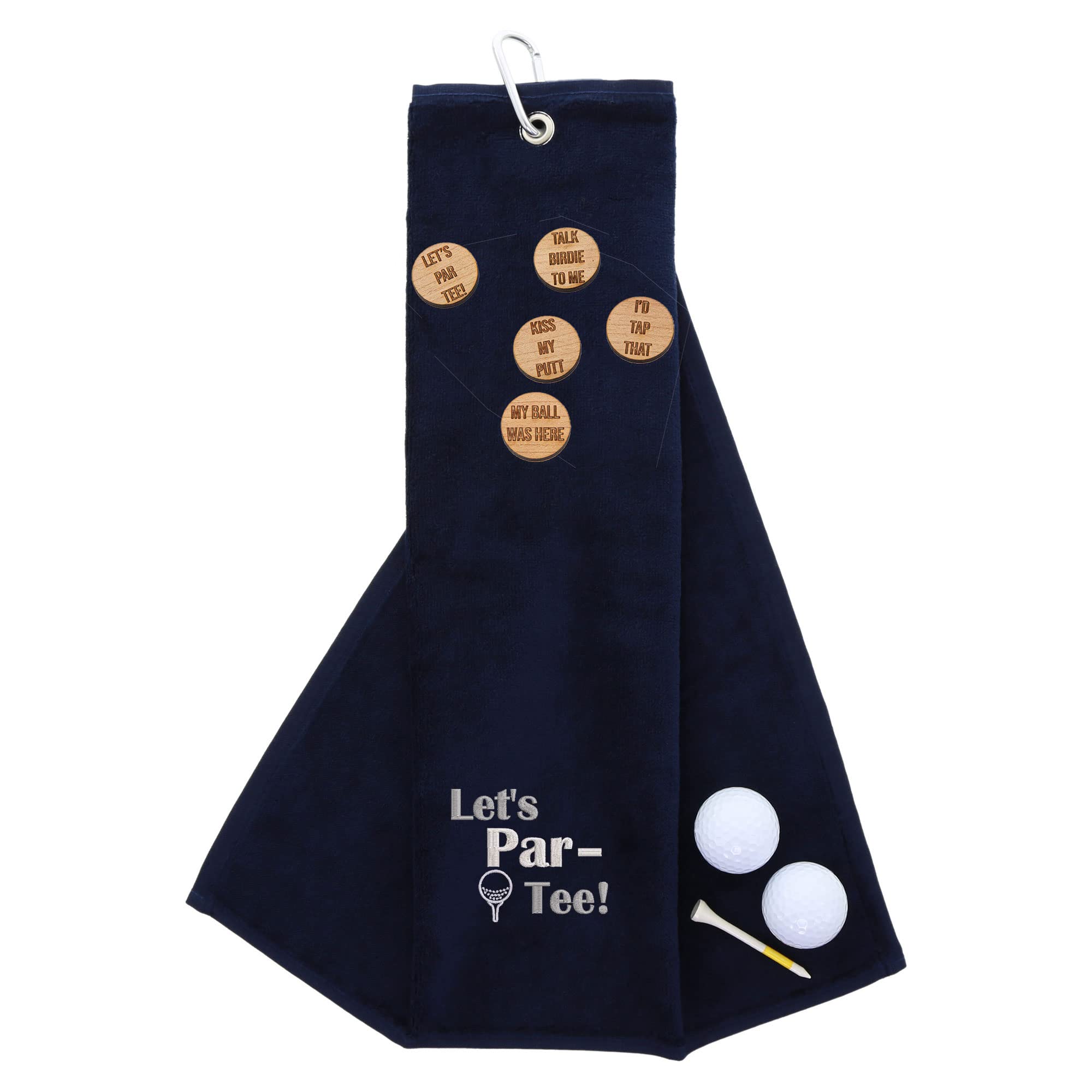 Funny Trifold Golf Towel and Comedy Wooden Ball Marker Set Gift for Men, Carabiner Clip for Golf Bags, Let's Par-Tee, Navy