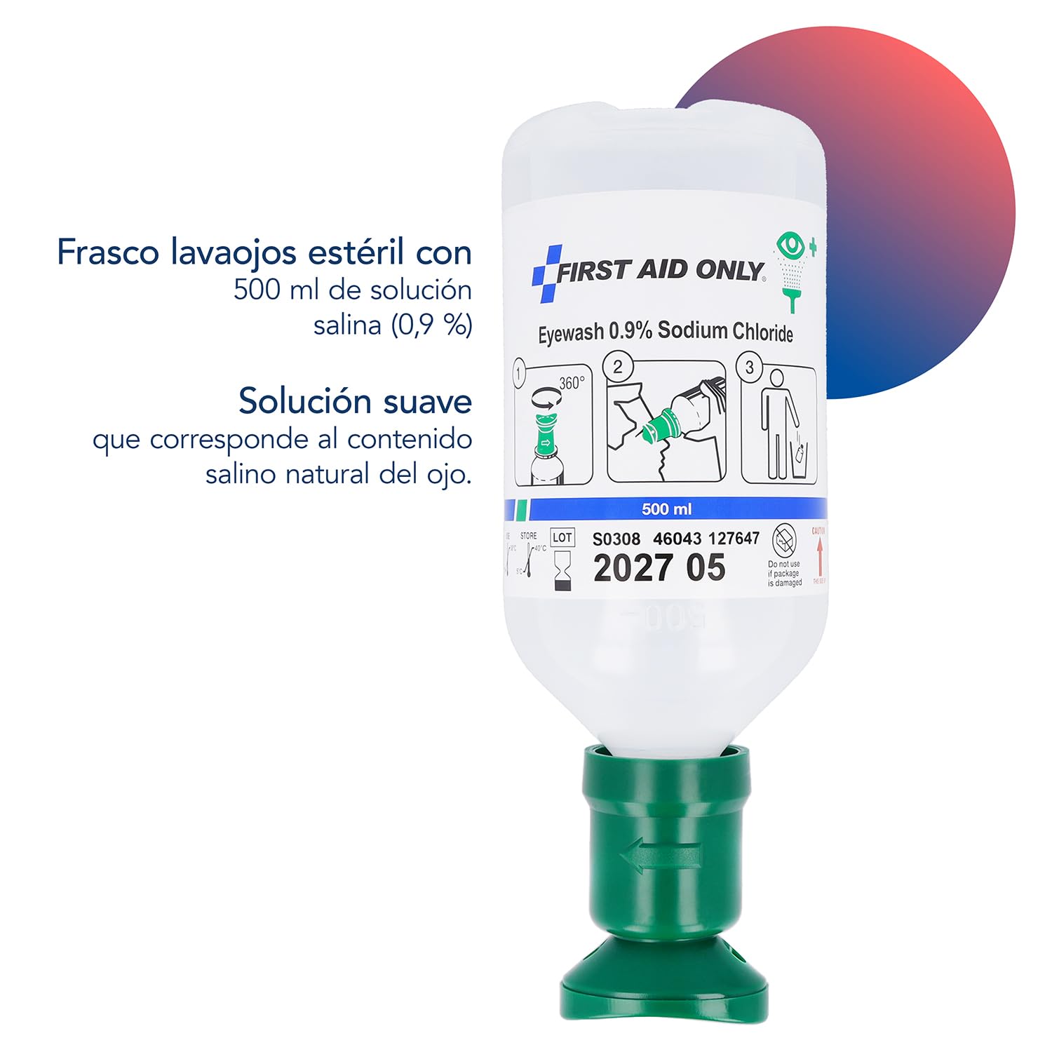 First Aid Only Botella de lavado ocular 500 ml solución cloruro sódico 0,9% Ducha ocular primeros auxilios