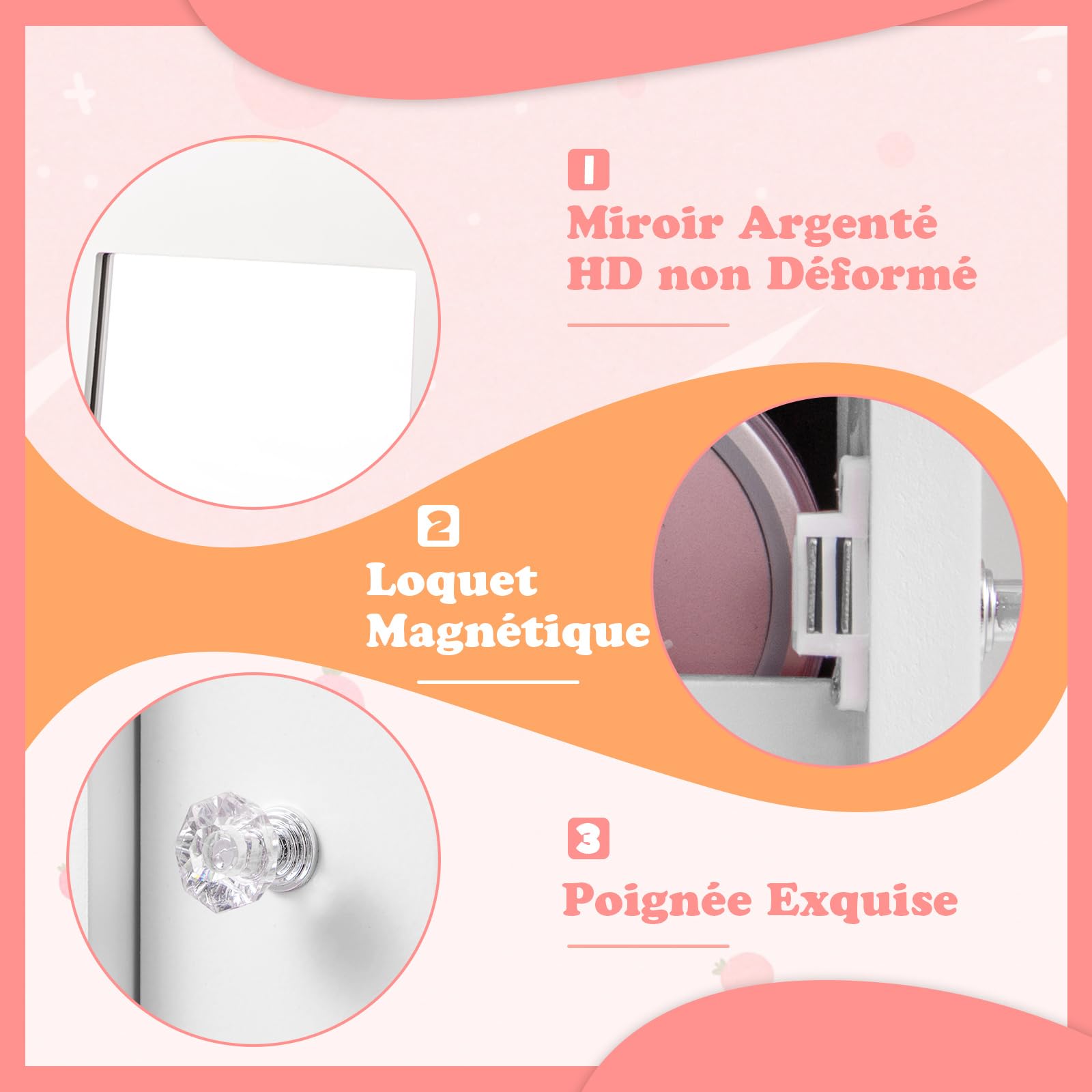 COSTWAY Armoire à Bijoux Enfant avec Miroir & Base Pivotante, Organisateur à Bijoux en Motif Couronne avec 2 Crochets & Étagère, Dispositif Anti-basculement pour Enfant de 3 Ans+ (Blanc)