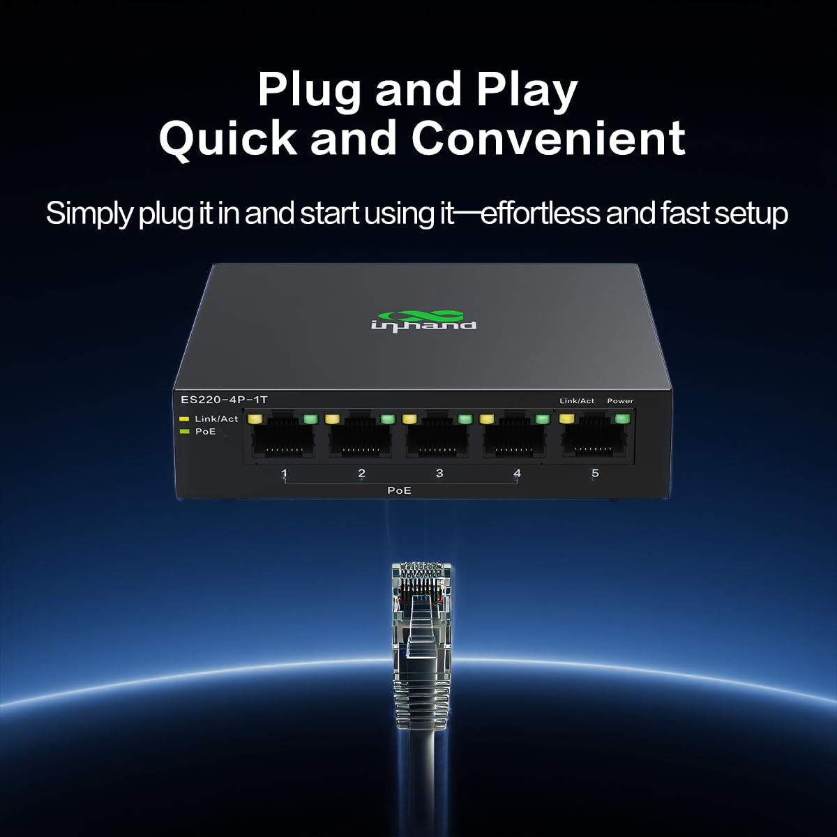 InHand Networks Switch PoE+ 5 Ports Gigabit (4X PoE+ @ 52W), Commutateur Ethernet Non Géré, Boîtier Métal, Fanless (Silencieux),VLAN Un Clic | Plug & Play pour Caméras IP, VoIP, TPE & Home Office