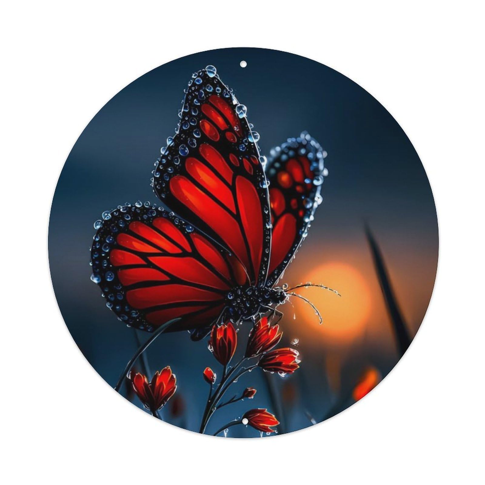 Animal Monarch Butterfly Red Dewdrops Sunset Landscape Vintage Metal Tin Sign Plaque Wall Decor for Cafe, Club Bar, Office, Garden Metal Poster 8x8Inch