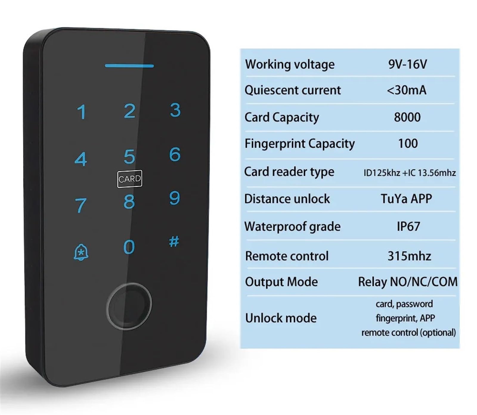 Zestaw do systemu kontroli dostępu do drzwi Inteligentna maszyna do kontroli dostępu Zdalne odblokowanie telefonu komórkowego NFC Hasło odcisku palca Karta RFID Kontroler zamka drzwi IP67(Nero)