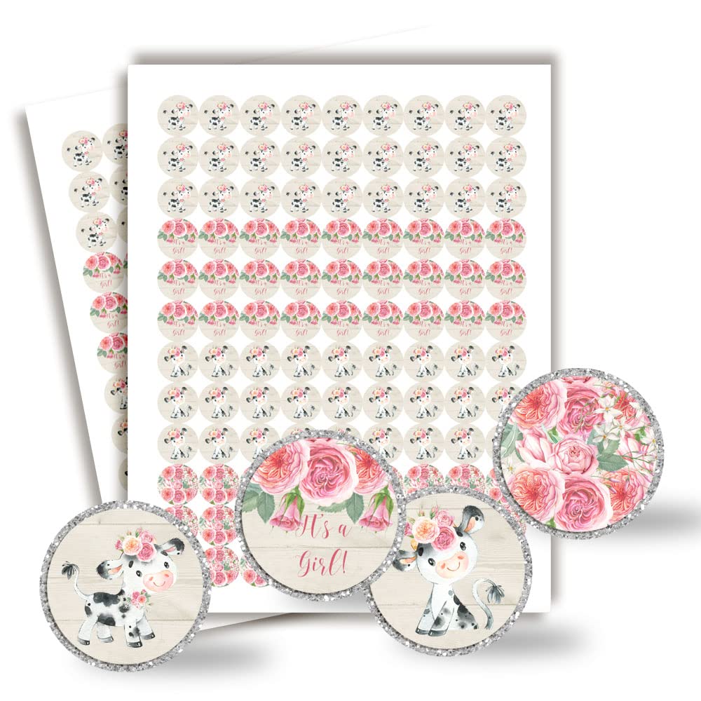 Amanda Creation Watercolor Pink Floral Cow Baby Shower Kiss Sticker Labels, 300 Party Circle Stickers sized 0.75” for Chocolate Drop Kisses, Great for