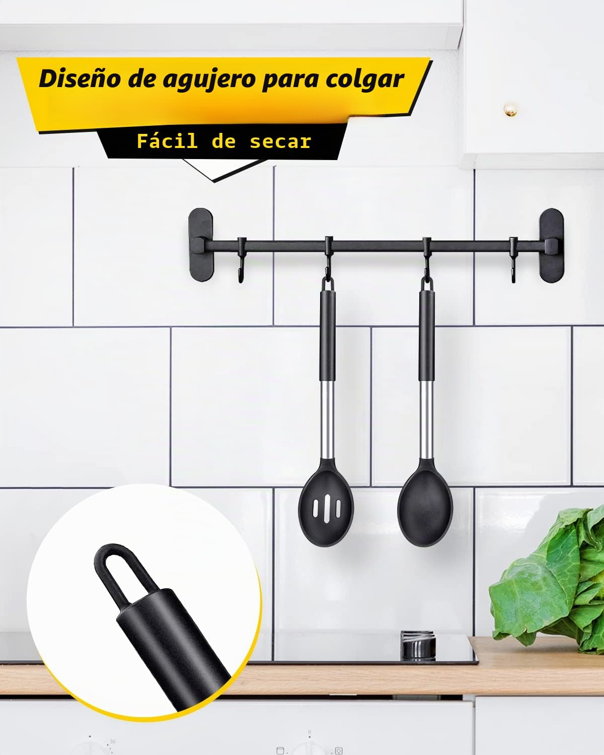Paquete de 2 Cucharón de Silicona, Cucharas Grandes Solidas, Utensilios de Cocina para Mezclar, Cocinar, Servir y Freir Comida, Verduras, Salad（Negro）