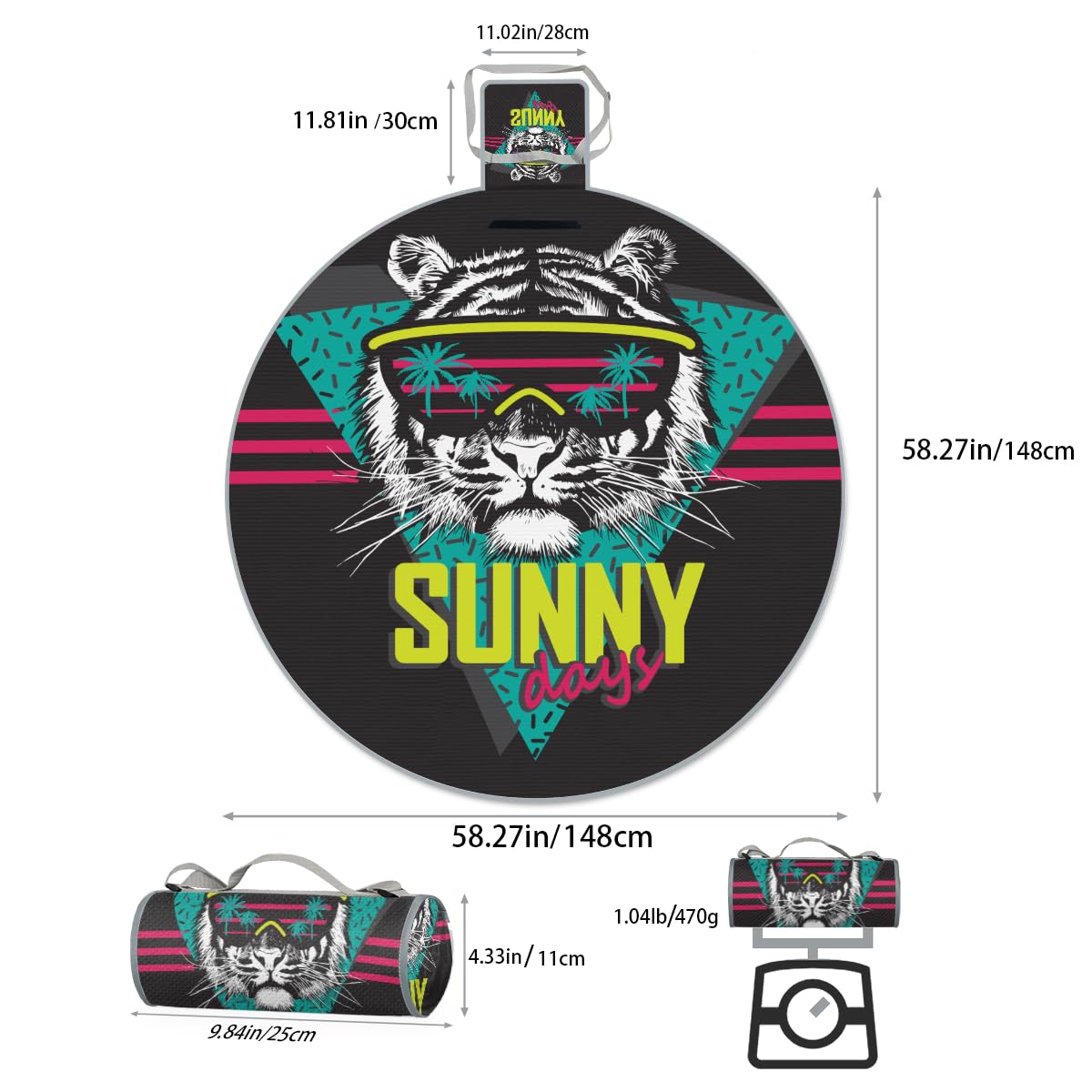 Shimoshe Sunny Tiger Picnic Outdoor Blanket Foldable Waterproof Sandproof Beach Blanket Portable Water-Resistant Round Picnic Mat for Travel Camping Park Lawn