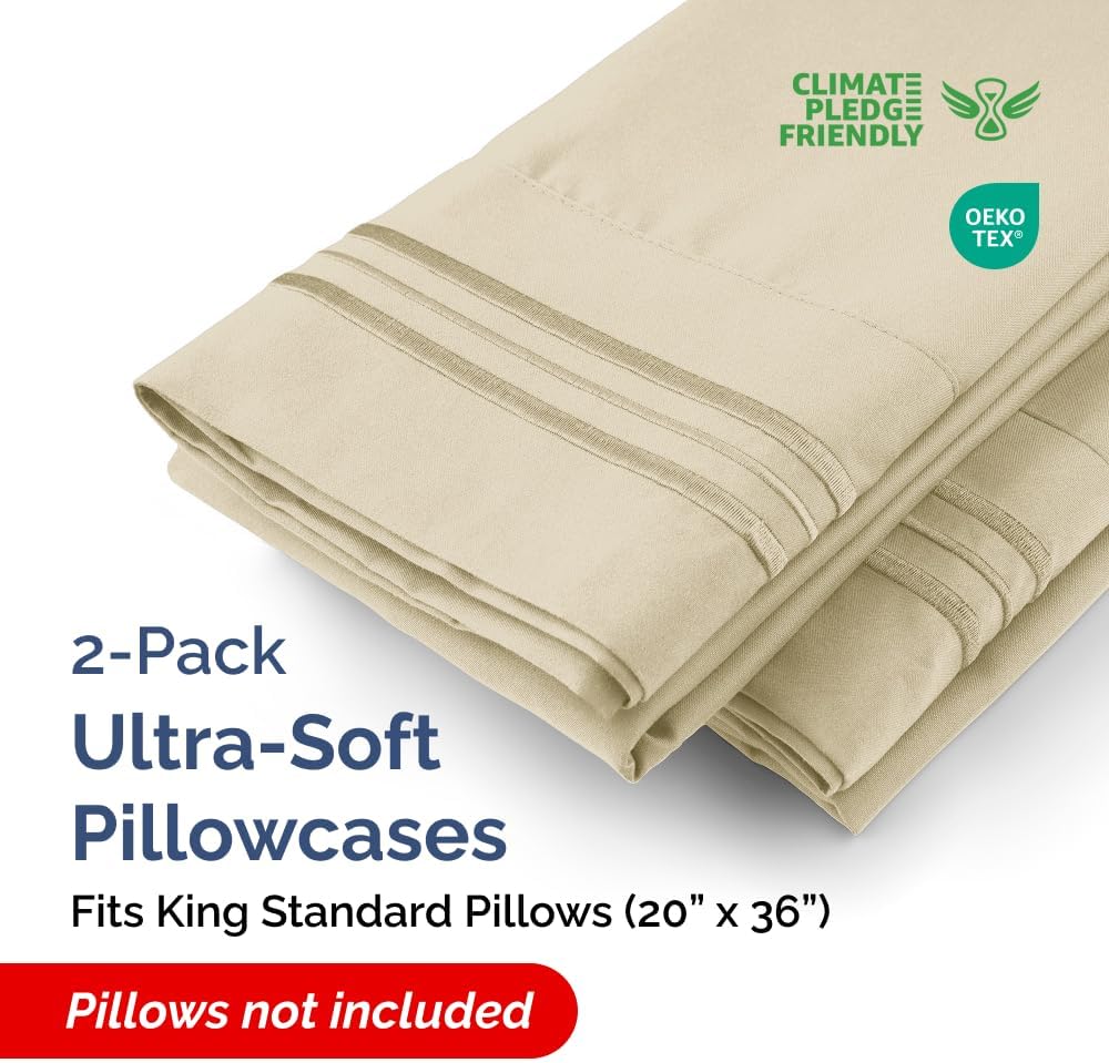 King Standard Pillow Cases Set of 2 - Ultra-Soft Hotel Quality Pillowcase Covers - Comfy, Cozy & Fade Free - Wrinkle Resistant - Machine Washable Pillow Protectors - 2 Piece Set - King Standard Cream thumbnail