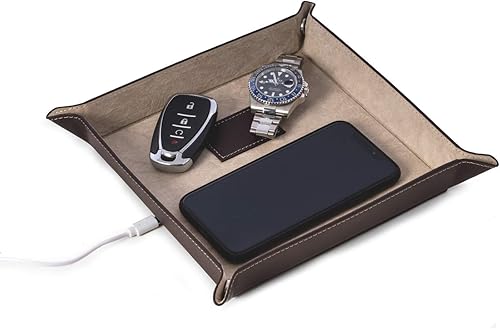 Miniatura 3 de Bey-Berk Bandeja de valet de cuero personalizada personalizada con cargador inalámbrico (marrón)