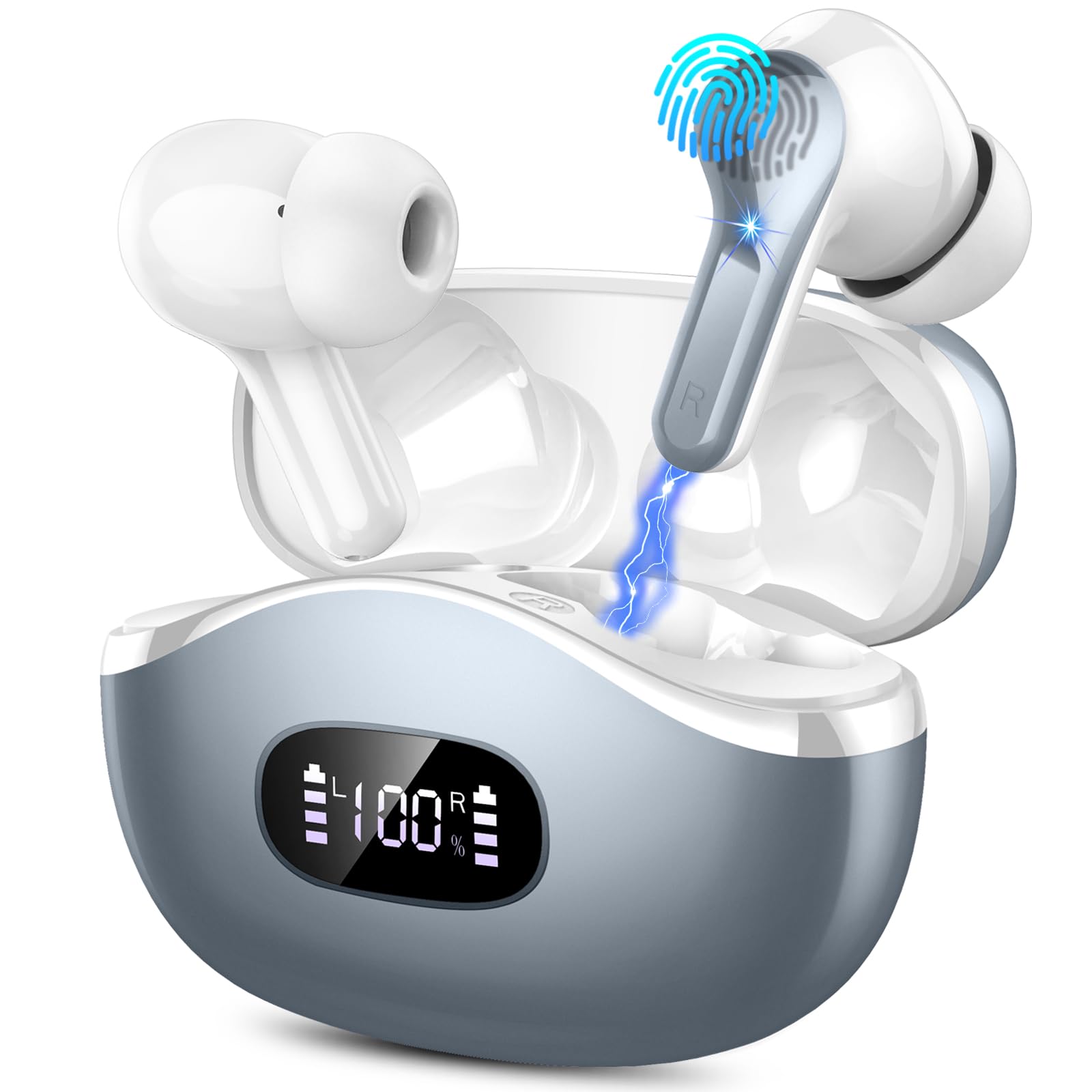 Wireless Earbuds, Bluetooth 5.3 Headphones In Ear Earphones 4 ENC Noise Cancelling Mic Headphones with HIFI Stereo, 40H Playtime, Type-C Charging Case, IP7 Waterproof Running Earbuds Grey