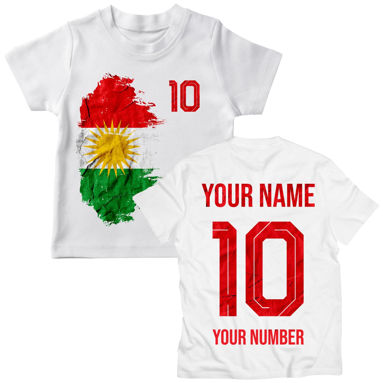 lepni.me Kurdistan 2026 Personalised Kids' Football Fan Graphic Cotton T-Shirt, Custom Name and Number, Short Sleeve Supporters Top (14-15 Years White Multi Color)