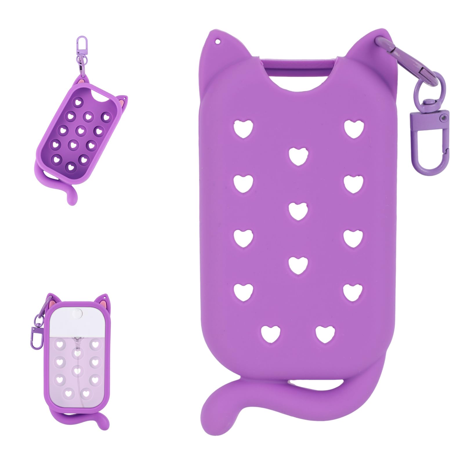 Hand Sanitizer Spray Case for Touchland Power Mist/Glow Mist 1oz/30ml, Cute Cat Silicone Hand Spray Bottle Case Protective Holder with 60-Degree Rotating Keychain for Bags Key (Purple)