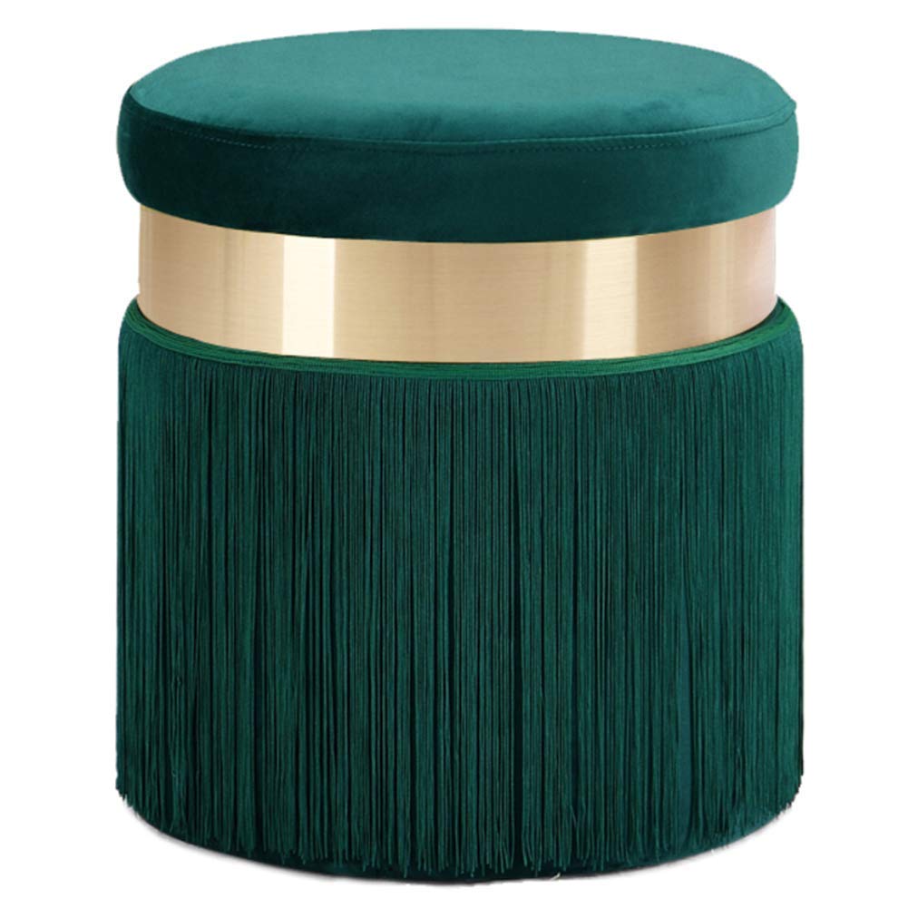 Pouf rond en velours vert pour une coiffeuse de chambre