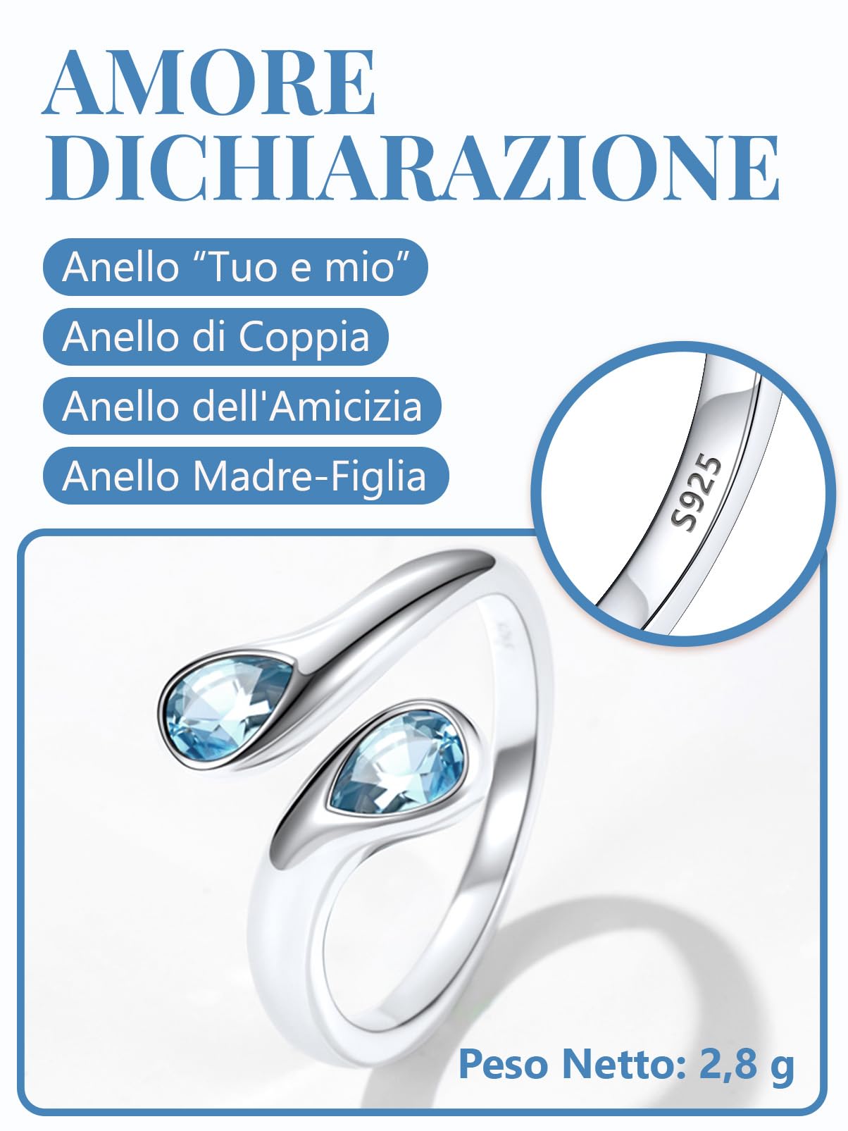 Silvora Anelli Donna Argento 925 in Oro Bianco, Anelli Regolabili con 12 Mesi Pietra di Nascita Portafortuna, Fedina Anello Argento Donna a Goccia, Idee Regalo per Ragazza Fidanzata Anniversario