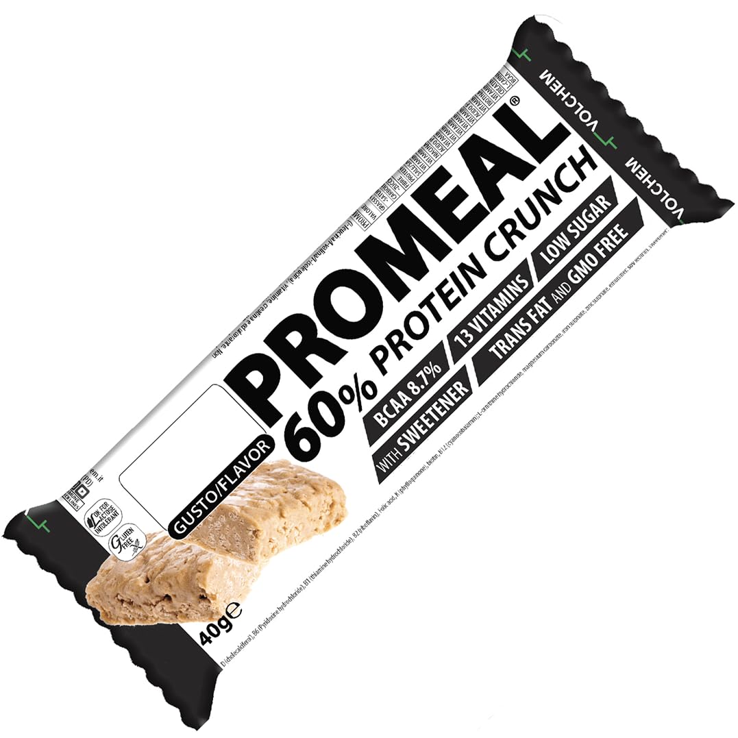Volchem Promeal Protein Crunch 60, Barretta Proteica al 60% di Proteine, con Carnitina, Creatina e Vitamine, Senza Grassi Idrogenati e con Pochi Zuccheri, Scatola da 20 Barrette, Gusto Vaniglia, 800 g