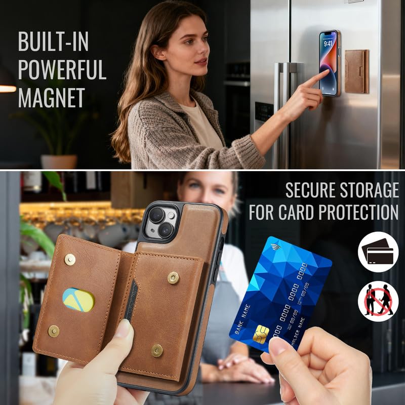 Funda Wallet para iPhone 14 Plus con tarjetero extraíble y protección RFID marrón 6