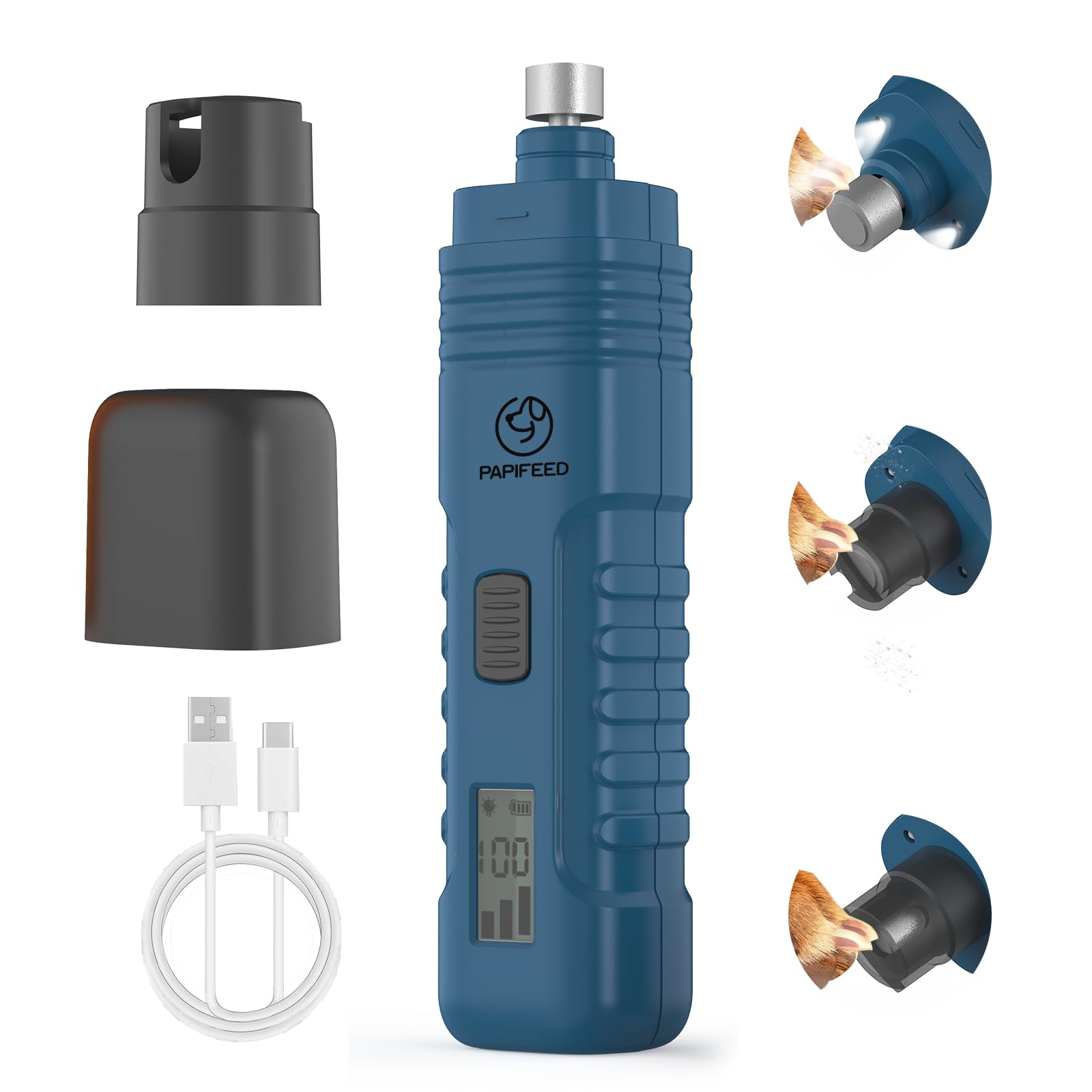 PAPIFFEED Dog Nail Grinder with LCD Display – Quiet Electric Nail Trimmer with Dual LED Light, Safe for Black & Thick Nails, Rechargeable for Small Medium Large Dogs & Cats (Blue)