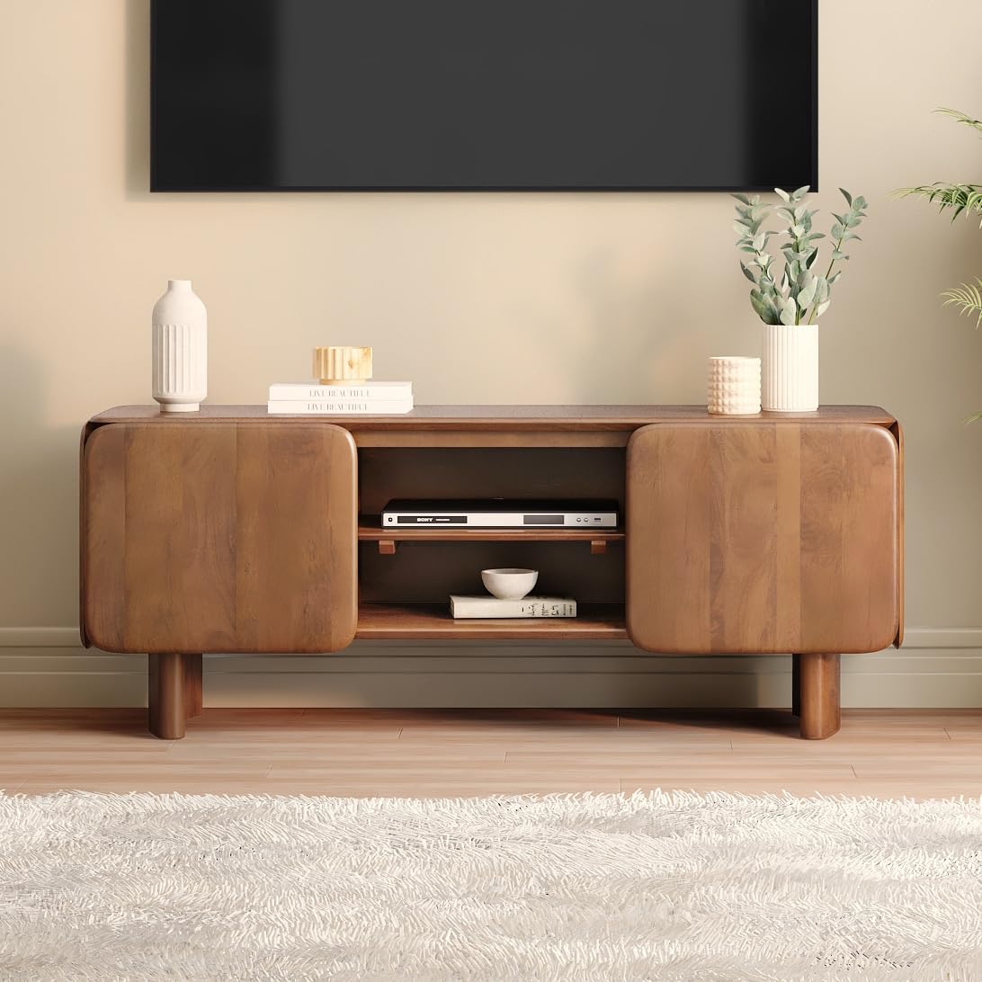 Levon Artisan Modern Solid Mango Wood TV Stand with Rounded Sliding Doors Walnut Media Console-picture-13
