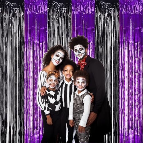Image of TONIFUL 2Pcs Black Purple Door Streamers,Photo Booth Backdrop Metallic Streamers Foil Fringe Curtains for Birthday Christmas New Year Bachelorette Halloween Party Streamers Decor