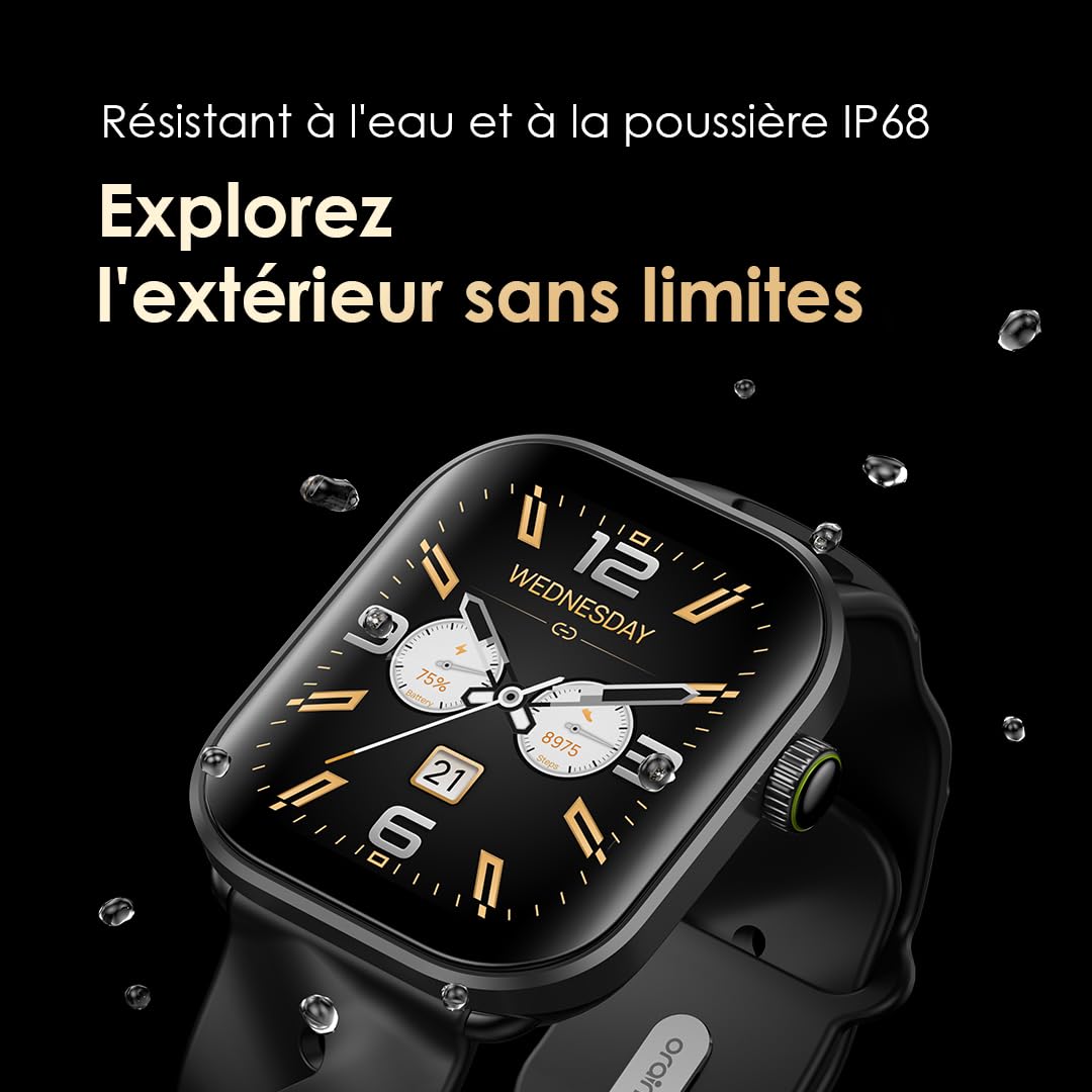 Oraimo Montre Connectée Écran AMOLED 60Hz 1,85" Appel Bluetooth HD Smartwatch Homme Femme Sport 143 Modes Étanche IP68 Autonomie 14 Jours Cardio SpO2 Podomètre Notifications SMS Message Android iOS