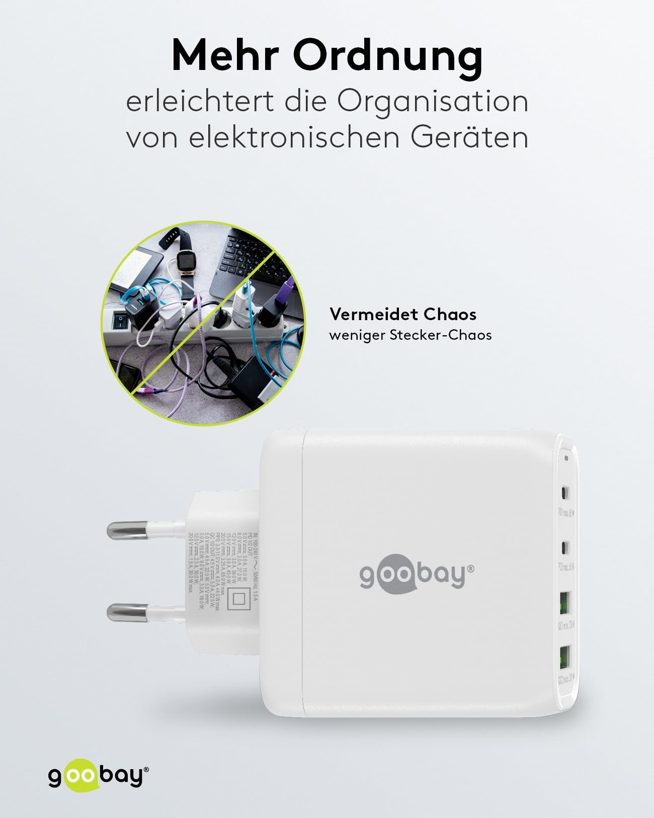 goobay 64818 USB-C PD 4-Fach Multiport Schnellladegerät (68W) / 2X USB-A 2X USB-C Eingang/Power Delivery/Netzteil für Ladekabel vom iPhone und Anderen Handys/Handy Ladegerät/weiß