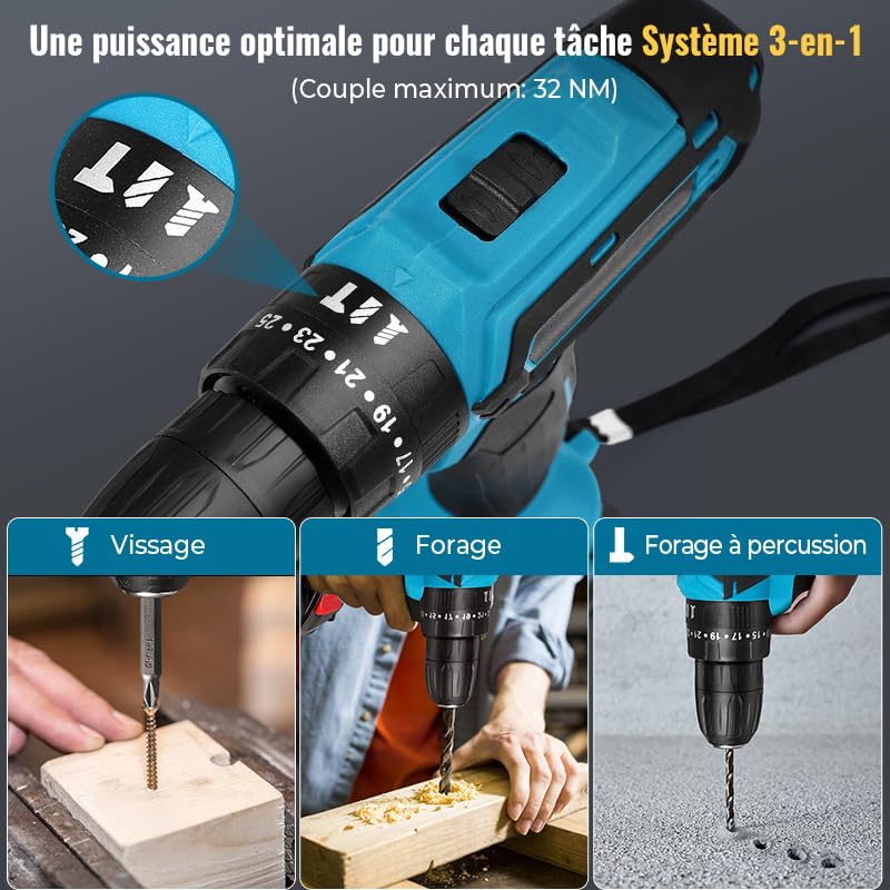 Taladro a Bateria 21V, Destornillador eléctrico con 32 Nm, 25+3 ajustes de par de apriete,Taladro Atornillador Bateria, LED Luz, 3 Velocidad, Atornillador Para Hogar, Bricolaje (A)