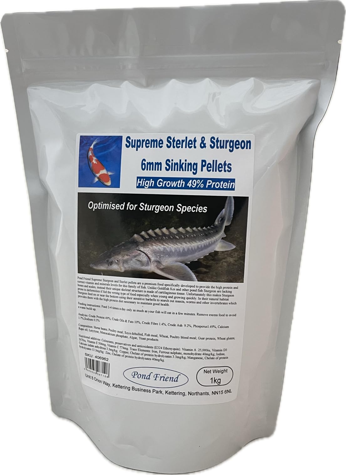 Pond Friend Supreme Sturgeon Pellets 6mm 1kg - 49% High Protein Sinking Growth Food For Bottom Feeding Pond Fish