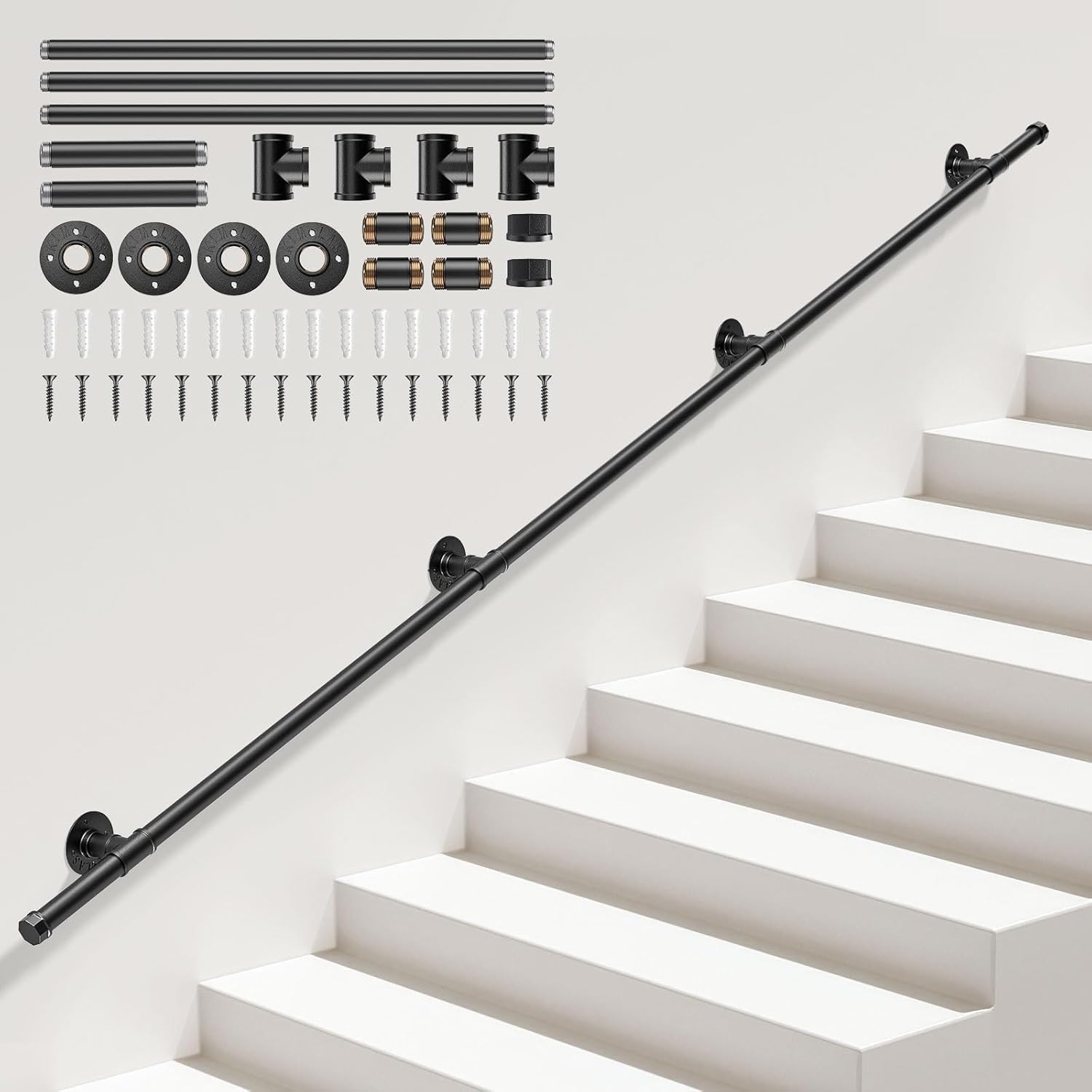Sunowl Handrails for Stairs, 3M Stair Handrail for Indoor Outdoor, Safety Wall Mounted Hand Rails for Elderly Kids Disabled, Non-Slip Industrial Wrought Iron Banister Handrail