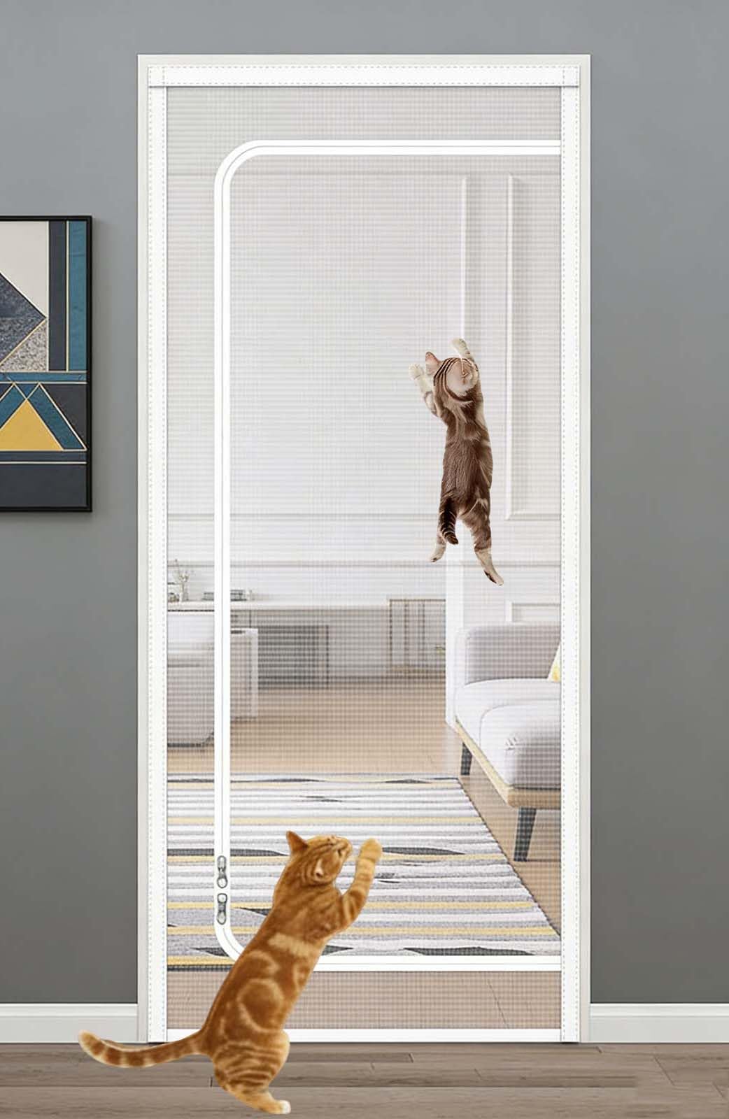 Custom Sizes Screen Door for Living Room/Bedroom/Patio, Cat Protection Pets Proof Anti-Tearing Reinforced Fiberglass Mesh Insect Fly Screen Door with Zipper (White)