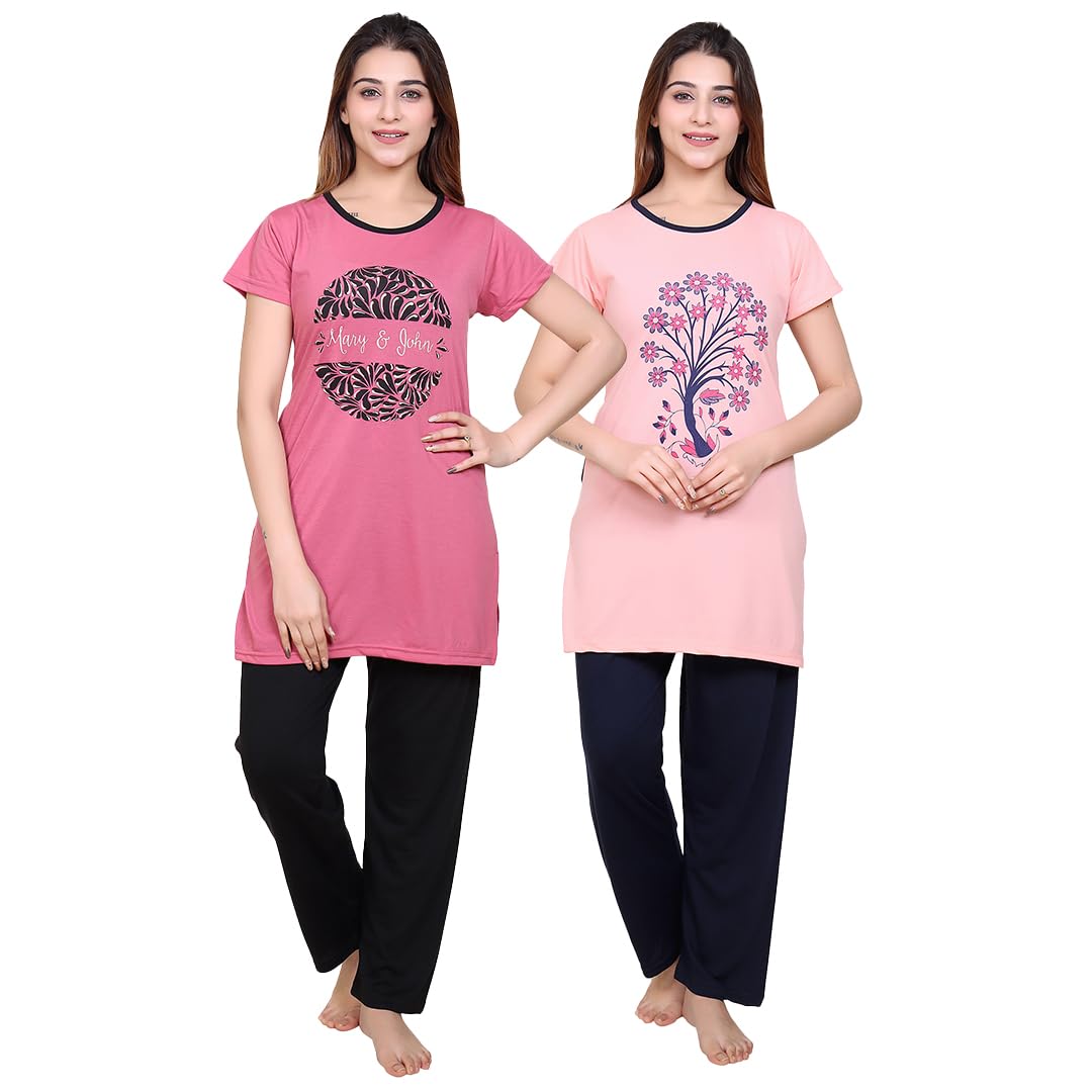 twenty me Women's Cotton Printed Night Suit Set | Pack of 2 Stylish T-shirt & Pajama Combo for Women | Summer Loungewear Nightwear Set-picture-13