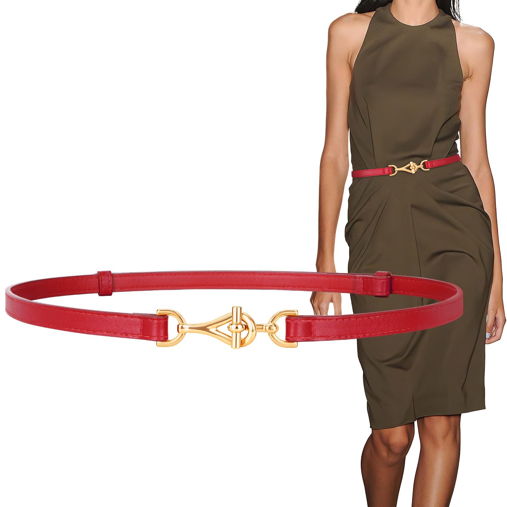 XZQTIVE Leather Skinny Belt for Women Adjustable Thin Waist Belt Gold Buckle for Dresses Coats Jeans