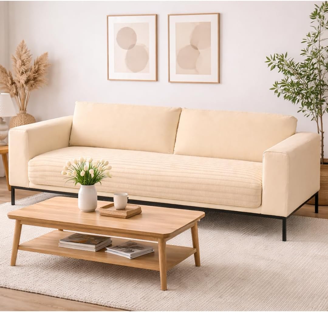 Cortina Premium Artificial Rabbit Fur Sofa Cover Mat for 2 Seater (120 x 70cm), Ultra Soft Plush Sofa Seat Cover, Anti-Slip Washable Couch Protector for Living Room Sofa (Beige, Two Seater)