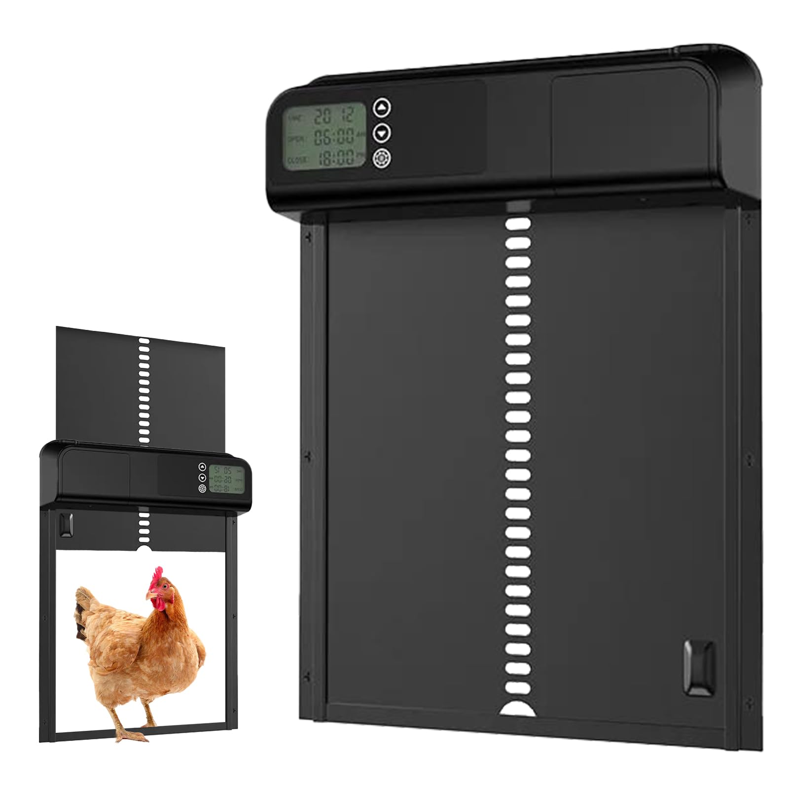Porte Poulailler Automatique avec Minuterie du Soir/Matin, Porte Poulailler Automatique avec Écran LCD Programmable Étanche,Commande de Minuterie, Fonction Anti-pincement (Piles Non incluses) (Noir)