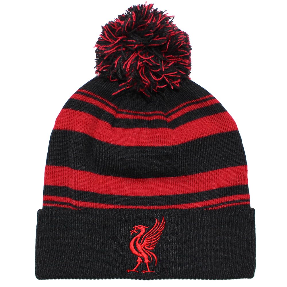 TeddyT's Men's Liverpool Liver Bird Embroidered Stripy Sports Bobble Beanie Hat (UK, Alpha, One Size, Black & Red)