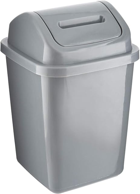 ZOOM Plastic Swing Top Bin 5L Waste Paper Rubbish Trash Can Square Small Swing Top Desktop Kitchen Bathroom Garbage Dustbin, 5 Litre (Silver)
