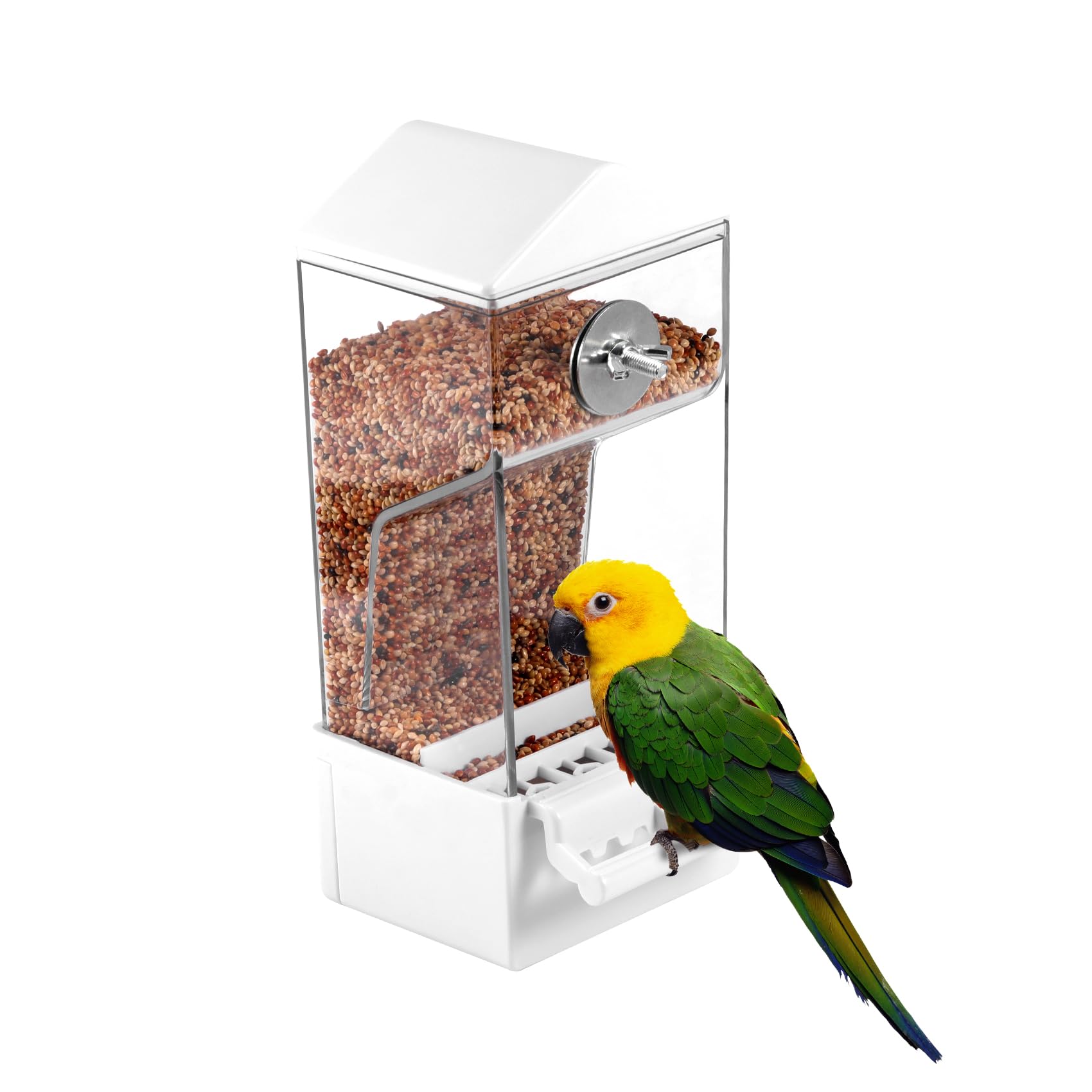 Keilend Automatic Bird Feeder for Cage, No Mess Bird Cage Feeder with Perch, ABS Plastic Parakeet Seed Container for Budgies, Canaries, and Other Parrots (White)