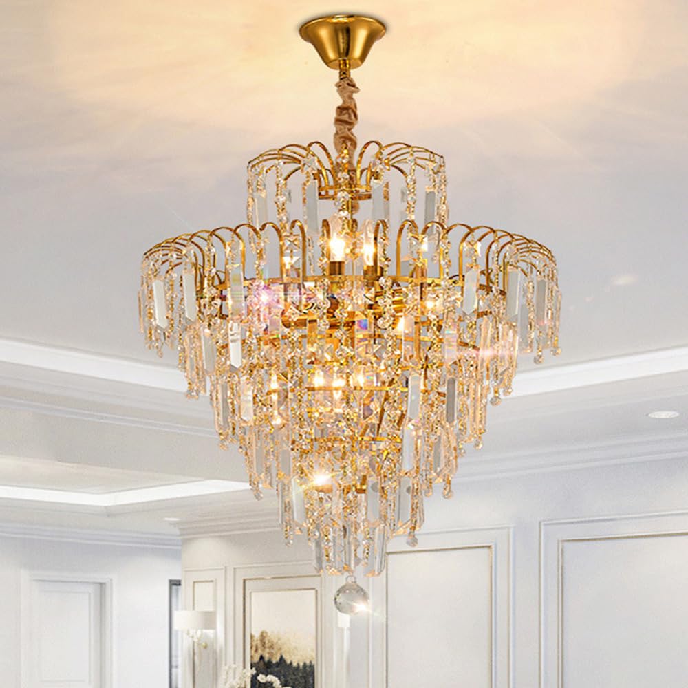 SYAXVOM Nordic Crystal Round Chandelier for High Ceilings - Luxury Gold Pendant Lamp Foyer Dining Room & Living Modern Large Hanging Light Fixture