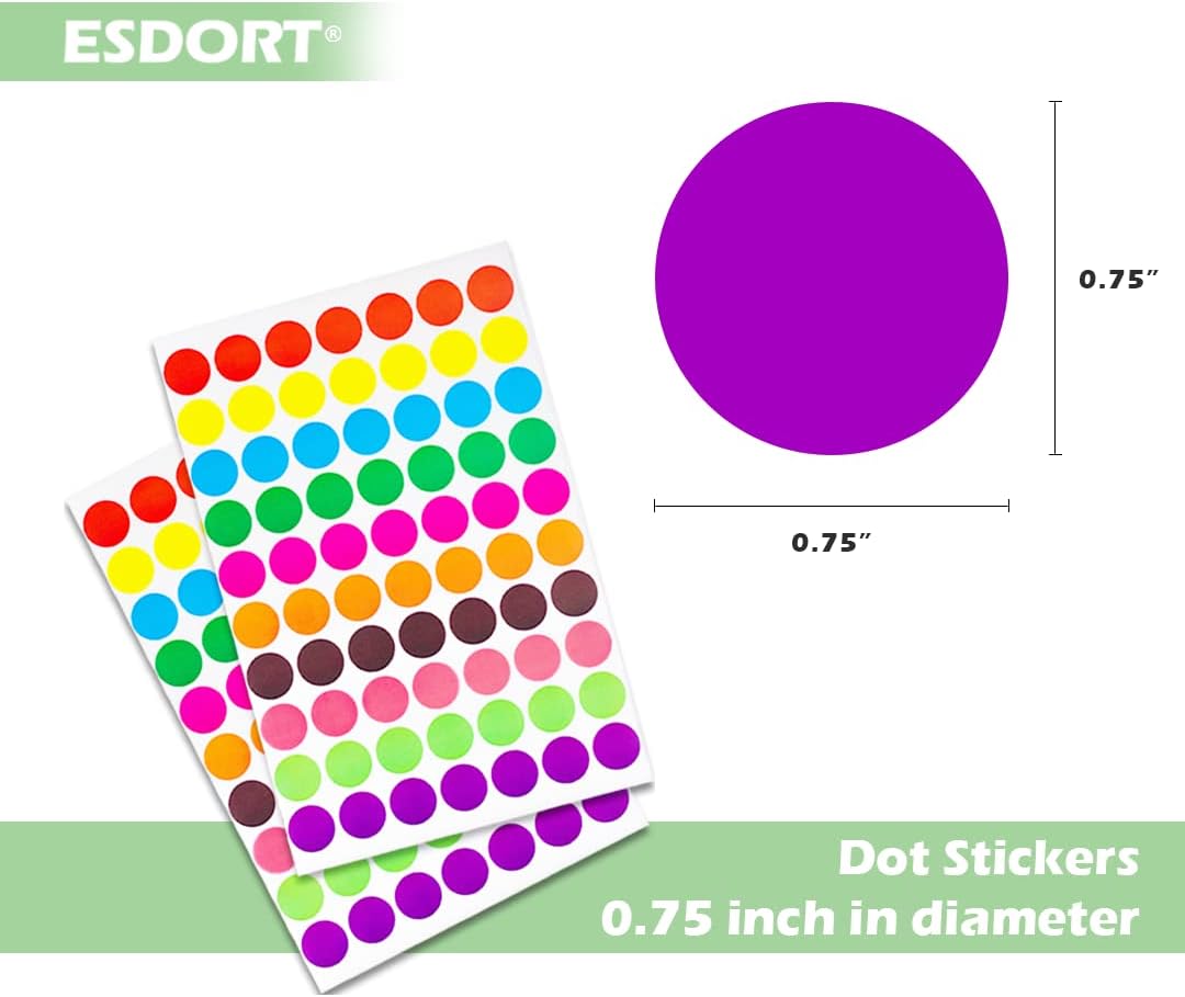 ESDORT 1050 PCS Dot Stickers Round Color Coding Labels, 0.75 inches, 10 Assorted Colors,70 Labels per Sheet - Circle Stickers for Kids and Office Use : Office Products