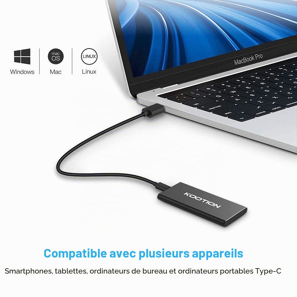 KOOTION Disque Dur Externe 250 Go SSD Ultra Mince Jusqu’à 550 Mo/s en Lecture USB 3.1 USB Type-C Solid State Drive avec 2*câbles Portable pour PC,Desktop,Laptop,Macbook,Smartphone
