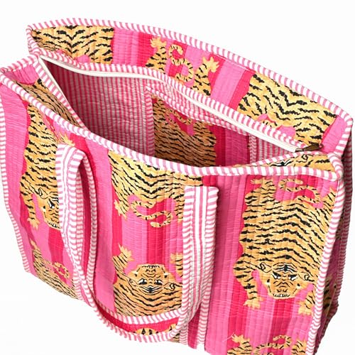 IGH Tropical Beach Tote Bag, Cotton Canvas, Leopard and Palm Tree Print, Blue, Double Handle For Women 18 x 5 x 18 inches3