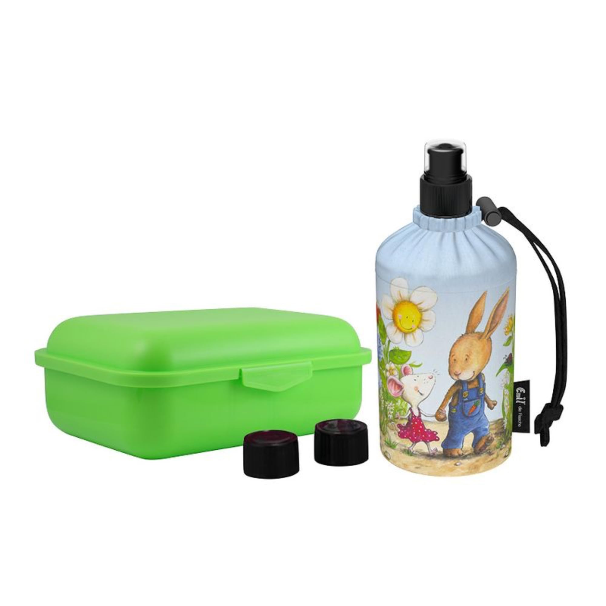 Emil Trinkflasche aus Glas inkl. Brotbox & Ersatzverschlüsse – Starterset zur Einschulung - BPA-frei & schadstofffrei, isolierend – Ziehverschluss für Wasser, Saft & Milch – Friends (0,3l)