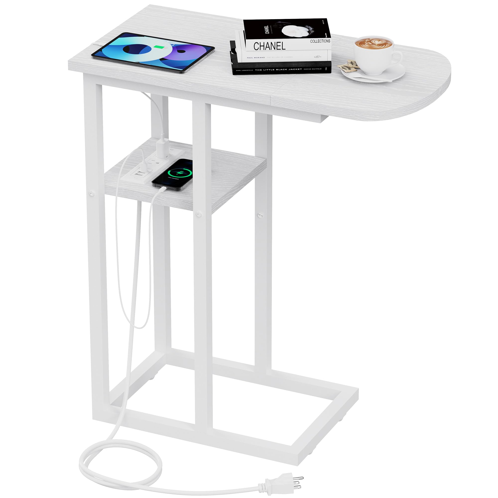eiskah C Table End Table with Charging Station, Couch C Shaped Side Table for Living Room, Bedroom, Laptop Table with USB Ports and Type-C Port, Snack