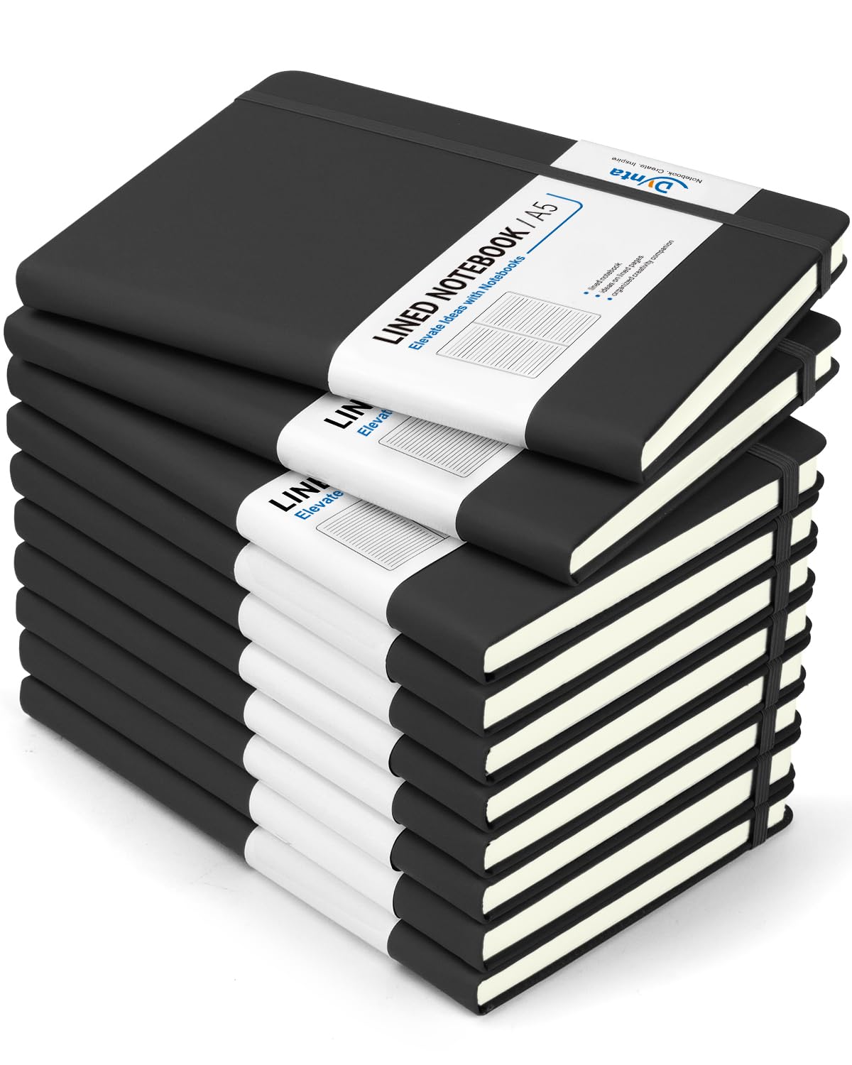 Dynta Hardcover Journal Notebooks, 10 Packs A5 Lined Journals Bulk for Writing 200 Pages/100Sheets, 8.4 x 5.8 inch, Classic Ruled Notebook for Work/Travel/College/Note Taking(Black)