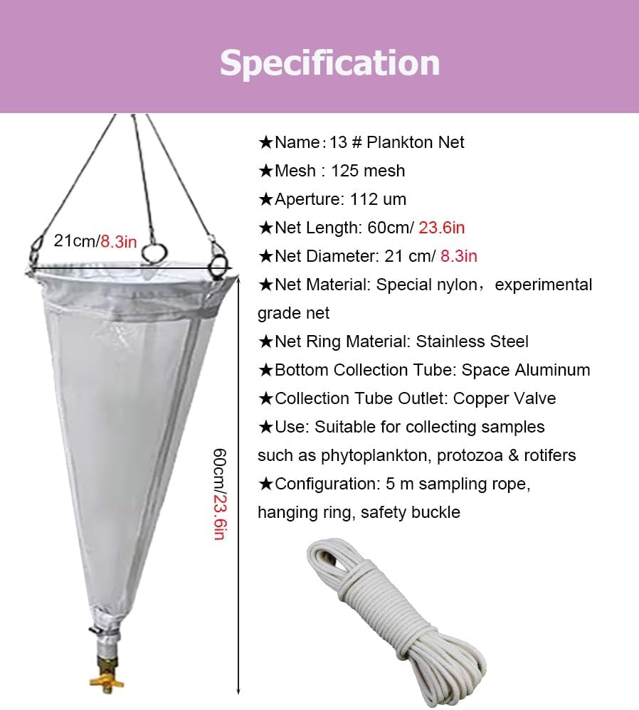 Plankton Sampling Net for Zooplankton & Protozoa - 16.4ft (5m) Rope, 125 Mesh - Ideal for Ocean, Lake & Reservoir Water Testing, Durable Plankton Nets for Research & Education