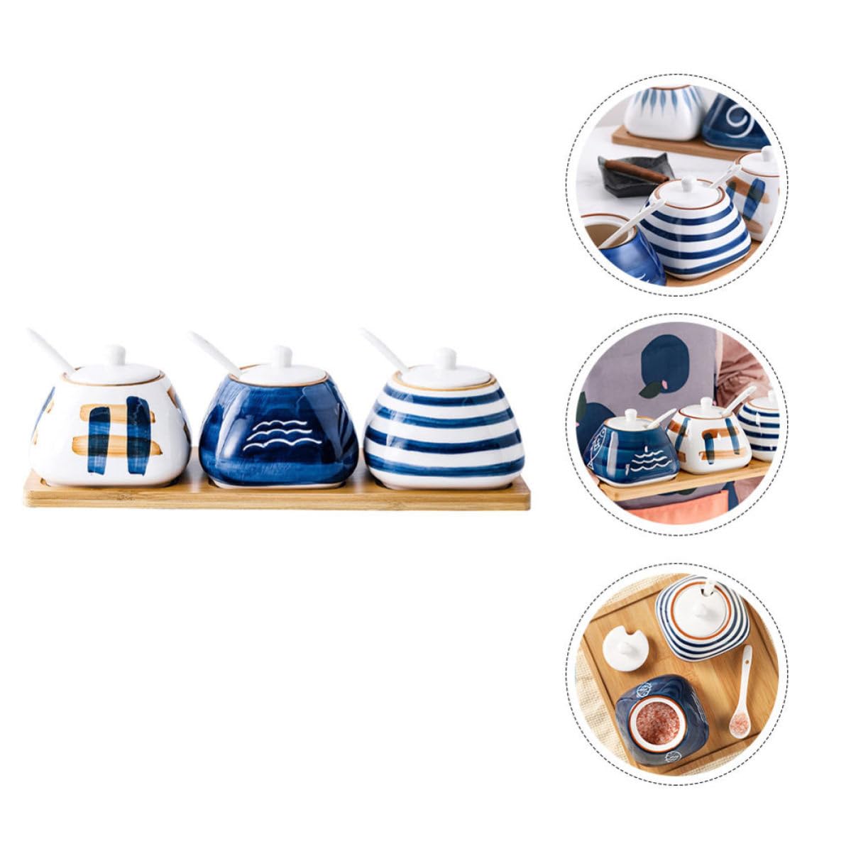 Cabilock Juego de Tarros de Cerámica y Madera para Condimentos Estilo Japonés Pintados a Mano, Recipiente Redondo Multifunción para Almacenar Especias en Cocina Color Color Aleatorio