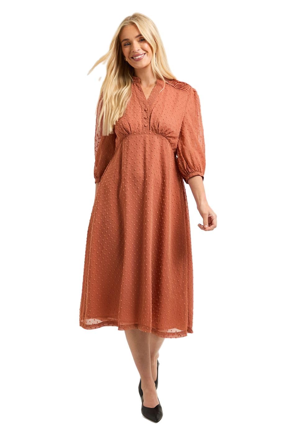 Wallis Petite Dobby Pleat Detail Button Midi Dress, 14, Peach