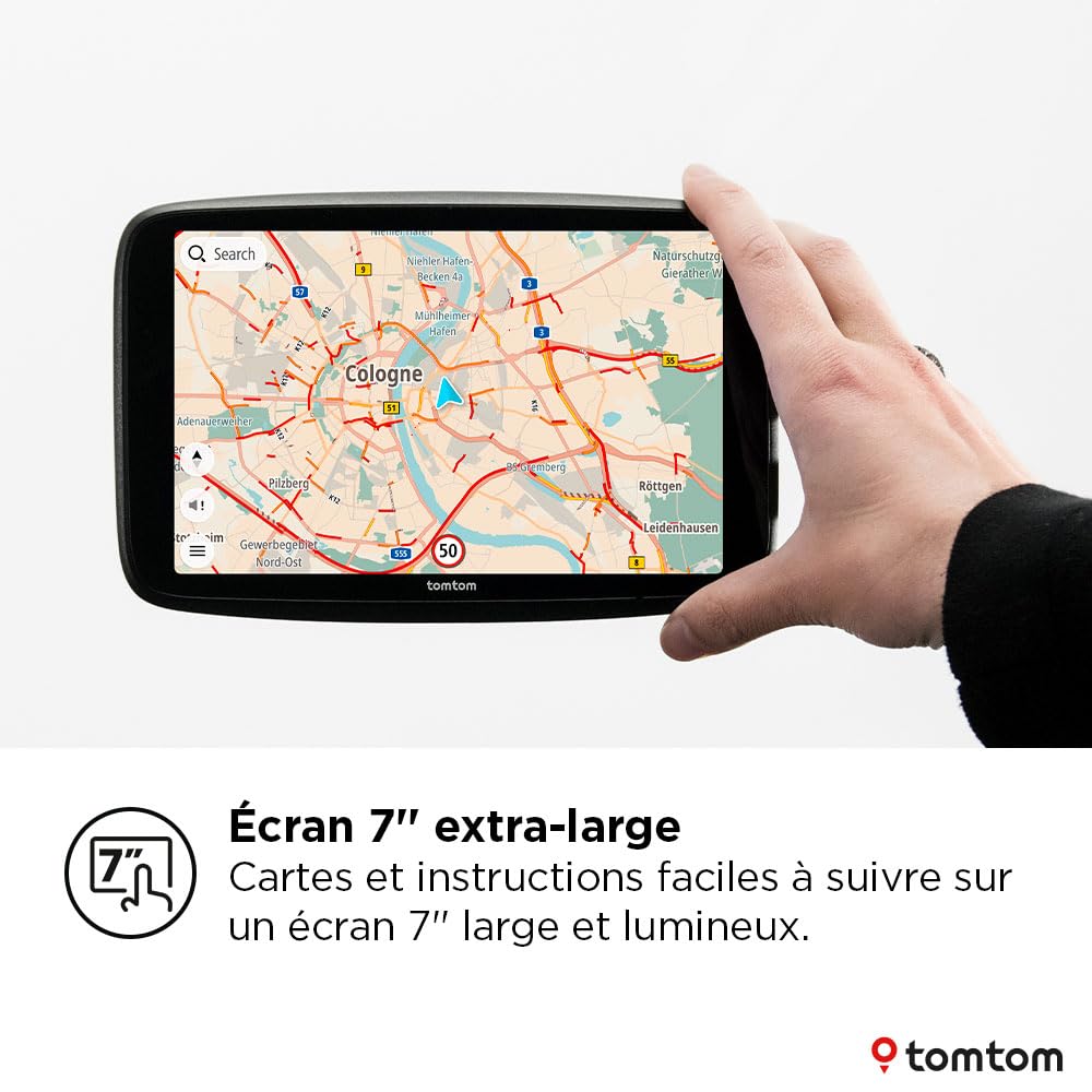 TomTom GPS GO Navigator (écran 7" extra-large, infos trafic en temps réel, alerte des zones de danger 1 an d'essai inclus, carte d'Europe, mise à jour via Wi-Fi, services Premium, fixation magnétique)