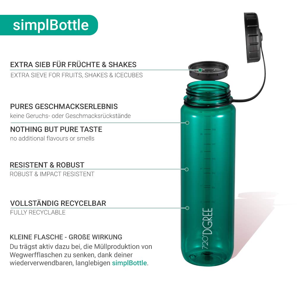 720°DGREE Butelka na wodę Basic "SimplBottle" - 1 litr, 1000 ml, zielona, bez BPA, dla picia, sportowa, na świeżym powietrzu, dla dzieci